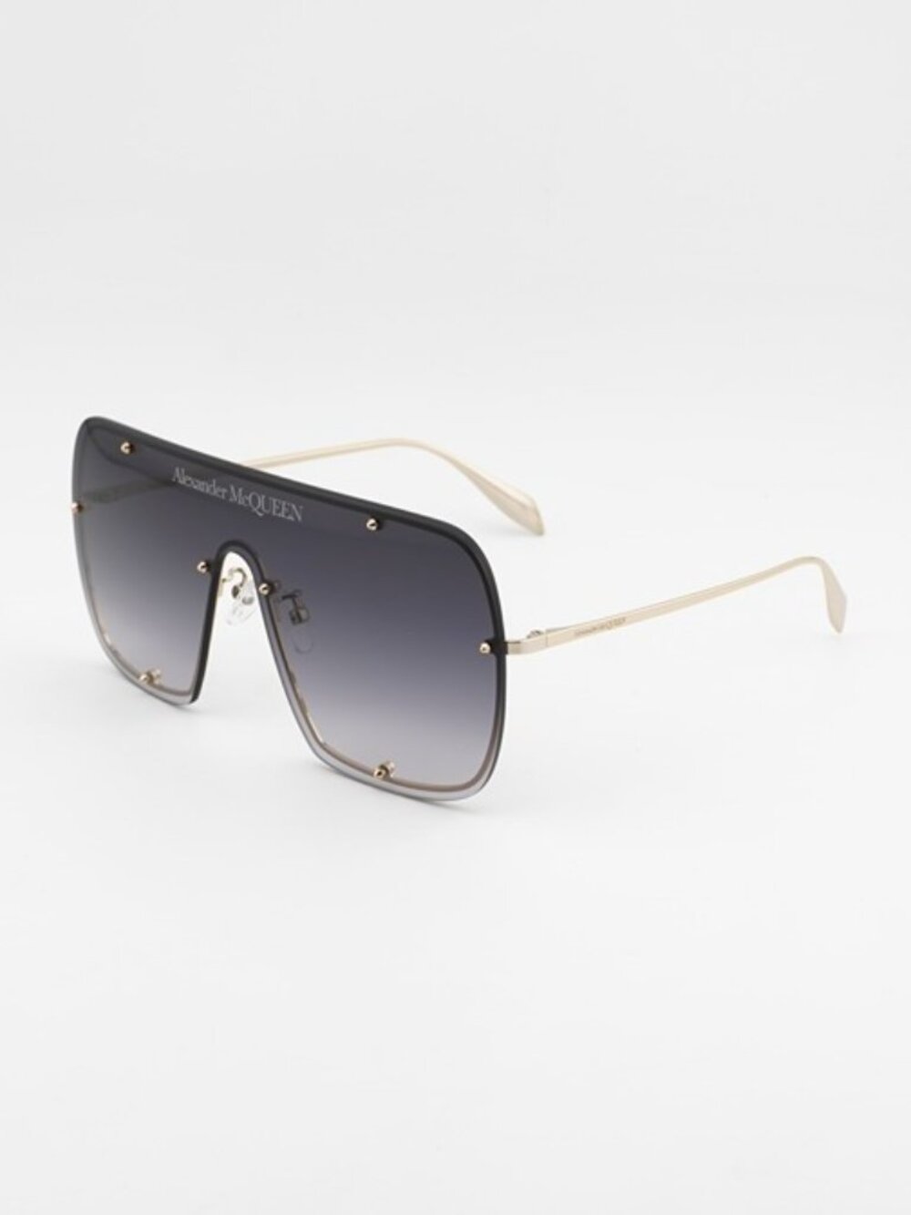 Alexander McQueen AM0362S 003 Unisex Sunglasses Gold Shield Frame, Grey Lenses